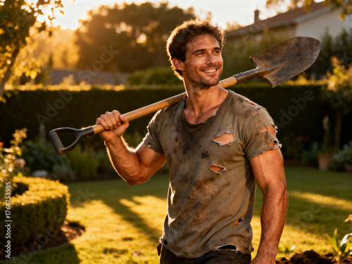 A man stands in a garden, wearing a ripped shirt and holding a shovel. He smiles brightly, surrounded by lush greenery and sunlight, showcasing a moment of hard work and joy