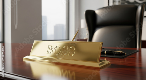 Golden boss nameplate marking an empty executive office desk