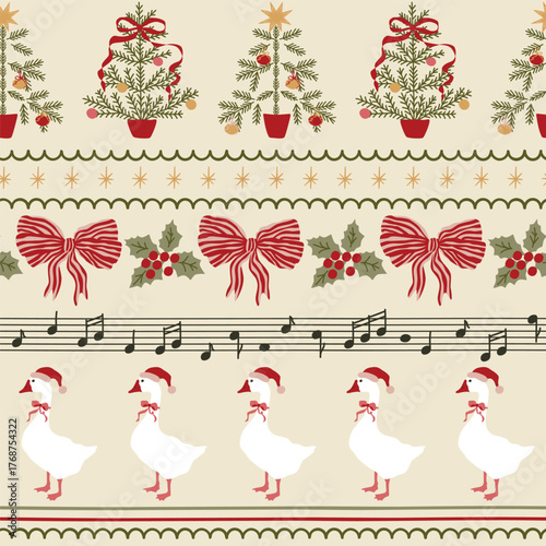 Vintage Christmas striped seamless pattern with goose, red bow knots, ribbons, fir tree, music melody. Vector retro winter holiday wallpaper, cute cottagecore print, hand drawn New Year background.
