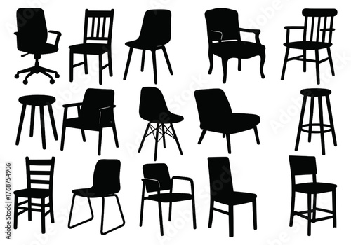 Variety of chair silhouettes: office, dining, lounge, and bar stools