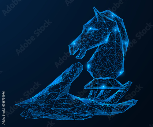 Strategy technology. A chess knight hovering over an open hand. The concept of human intuition, tactical planning and technology of the future.