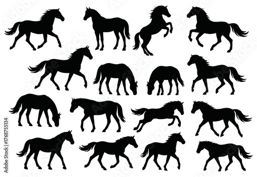 Collection of various horse silhouettes in different poses and gaits