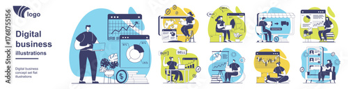Digital business concept set for web design. Collection with people analyze financial data on chart, working in online store and selling products, customers buying with delivery. Vector illustration.