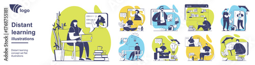 Distant learning concept set for web design. Collection with people studying online from laptops, students watching webinars and video lessons, training at virtual courses. Vector illustration.