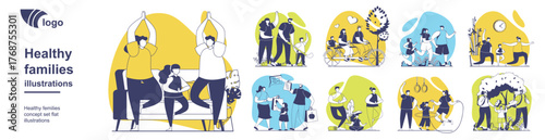 Healthy families concept set for web design. Collection with people with children doing yoga, playing games, cycling in park, running, eating healthy diet and active lifestyle. Vector illustration.