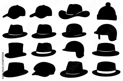 Variety of hat silhouettes featuring cowboy, fedora, bowler, and beanie styles