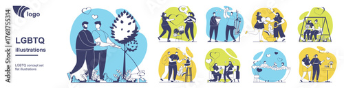 LGBTQ couples and families concept set for web design. Collection with homosexual people on romantic dates, making propose, giving romantic gifts each other, living together. Vector illustration.