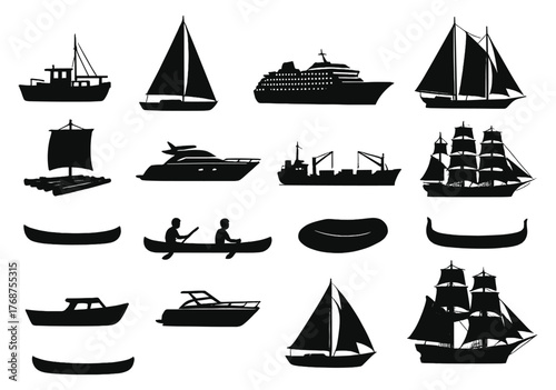 Variety of silhouette boats and ships including sailboats and canoes