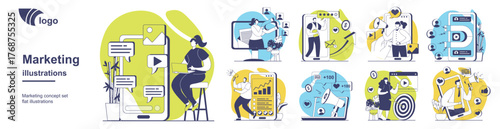 Marketing concept set for web design. Collection with people chatting and posting in blogs, attracting new customers, doing advertising campaigns, targeting and e-commerce. Vector illustration.
