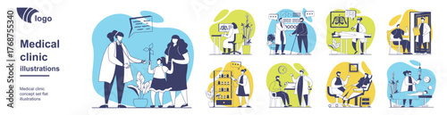 Medical clinic concept set for web design. Collection with people visits pediatrician and other doctors, consultations with x-ray, diagnostics and treatment, get vaccination. Vector illustration.