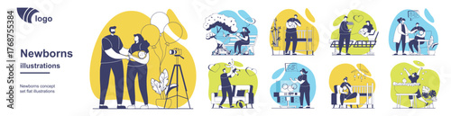 Families with newborns baby concept set for web design. Collection with people taking care children, young mothers and fathers with kids walking park, playing at home, nursing. Vector illustration.