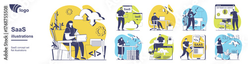 SaaS concept set for web design. Collection with people using software as a service, doing subscription to programs, cloud storages and data computing with online protection. Vector illustration.