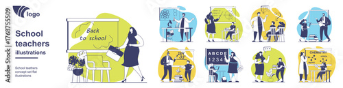 School teachers concept set for web design. Collection with people teaching pupils at lessons, pointing blackboard, explaining math or chemistry and other sciences in classroom. Vector illustration.