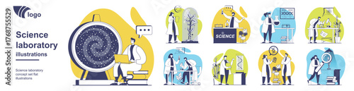 Science laboratory concept set for web design. Collection with people making scientific research and tests, work with microscope and equipment, scientists doing discovery in lab. Vector illustration.