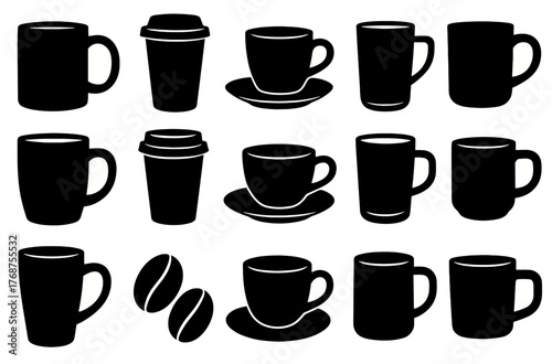 Collection of coffee cups and mugs in various shapes and sizes
