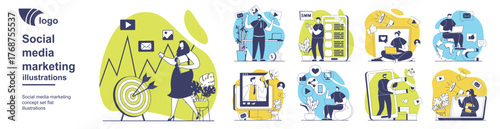 Social media marketing concept set for web design. Collection with people targeting audience, attracting new customers, making promotion strategy, advertising with megaphones. Vector illustration.