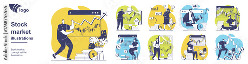 Stock market concept set for web design. Collection with people analyzing financial statistics with bar chart, forecasting market trends, buy or sell, making success investments. Vector illustration.