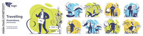 Travelling concept set for web design. Collection with people with luggage go on vacation, resting in summer camping, relaxing at sea beach, hiking outdoors, go in global travel. Vector illustration.