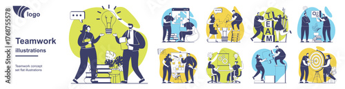 Teamwork concept set for web design. Collection with people brainstorming, generating new ideas, collaborating and targeting goals, achieving business goals, supporting community. Vector illustration.