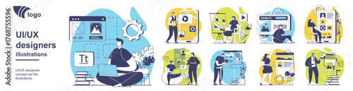 UI and UX designers concept set for web design. Collection with people creating layouts interfaces for mobile application, doing wireframe templates, prototyping at platform. Vector illustration.