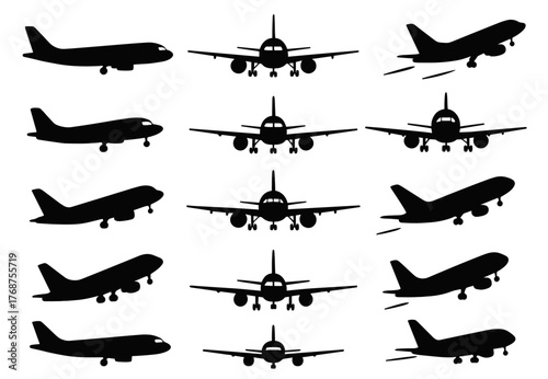 Silhouette collection of commercial airplanes in various angles and poses