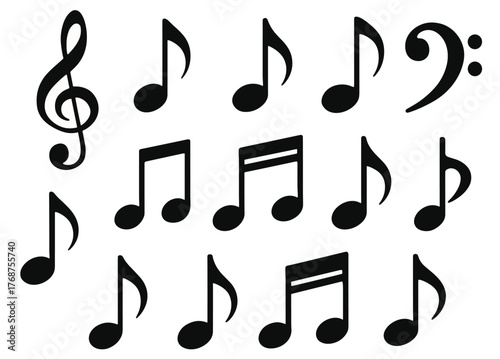 Various music notes arrangement with treble and bass clefs on white background
