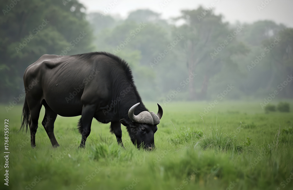 Obraz premium Dark buffalo bull eats fresh green grass. Large wild mammal grazes calmly in open field. Peaceful nature scene with misty trees in background. Serene savanna meadow habitat outdoors, no people