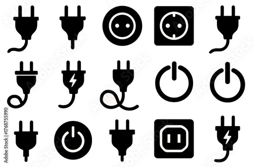 Vector icons of power plugs and outlets in various styles