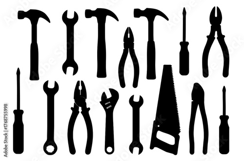 Silhouette collection of hand tools including hammer, wrench, and pliers
