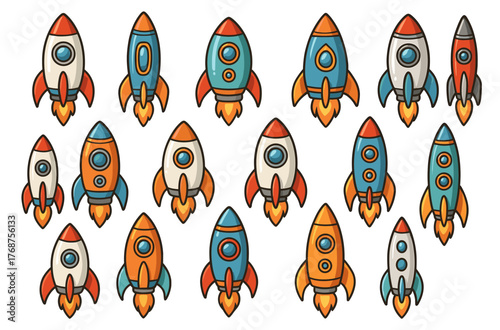 Colorful cartoon rockets with various designs and patterns