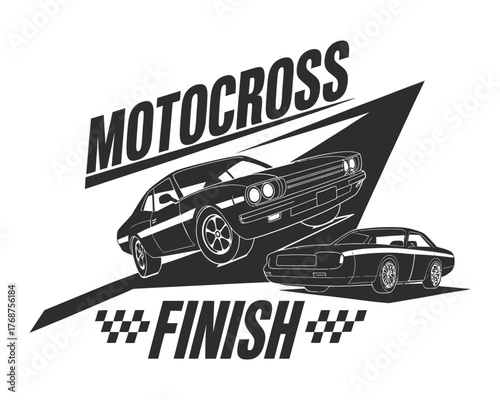 Racing car vector illustration showing one car in motion and another stationary, with bold MOTOCROSS FINISH text, black-and-white style, perfect for motorsport graphics and promotional material.