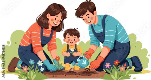 Joyful family gardening together, planting and watering flowers outdoors. Parents and child bond over a shared activity, cultivating a love for nature and fostering growth