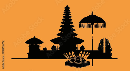 Silhouette of Balinese Temple and Offerings Against a Vibrant Orange Background Representing
