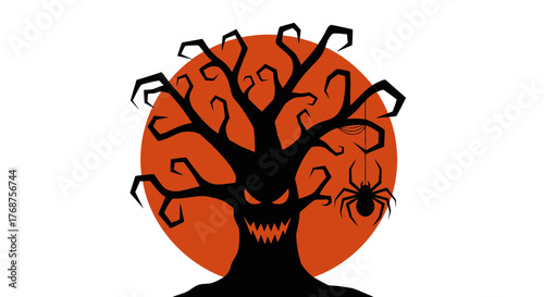 Spooky Halloween Silhouette: Evil Tree with Glowing Eyes and Spider Illustration