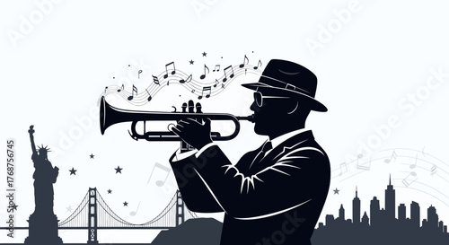 Black and white image of jazz musician playing trumpet with city skyline background