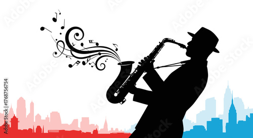 Silhouette of a saxophonist playing jazz music with city skyline in the background