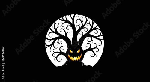 Evil Spooky Tree Silhouette with Glowing Eyes and Teeth in Full Moon Night Horror Illustration
