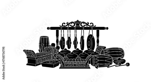 Elegant Gamelan Ensemble: A Silhouette Depicting Traditional Indonesian Musical Instruments