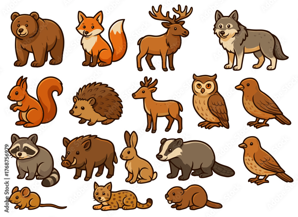 Obraz premium Cartoon forest animals collection with bear, fox, deer, wolf, owl, and more