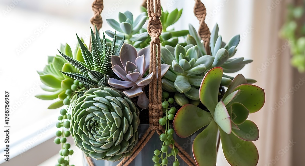 Obraz premium Stylish hanging succulent houseplant arrangement in a macrame planter photo