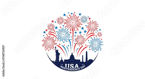 Patriotic United States Independence Day Illustration with Fireworks and Landmarks celebration