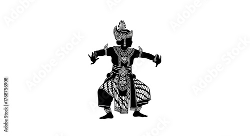 Elegant depiction of a traditional Indonesian dancer in striking black and white silhouette