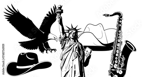 Iconic Symbols of American Culture: A Striking Black and White Silhouette Composition