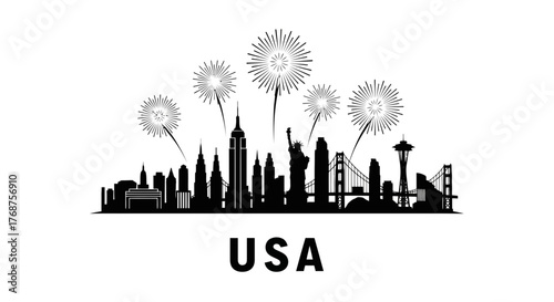 United States skyline silhouette with fireworks celebrating Independence Day illustration