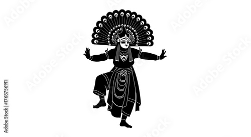 Depiction of traditional Indonesian dancer, monochrome silhouette, classical art form expressing