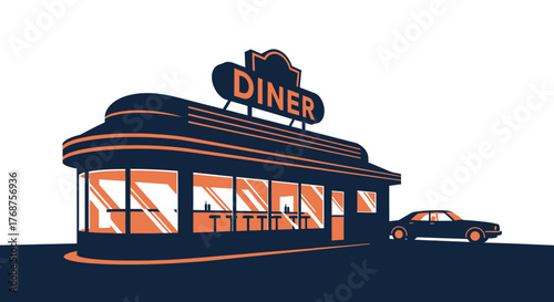 Retro Diner Illustration with Classic Car in a Nostalgic American Scene, Vintage Style