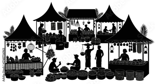 Silhouette of a bustling asian marketplace scene filled with vendors and customers