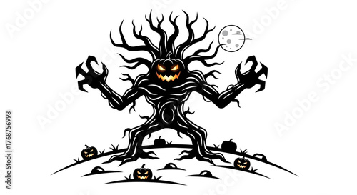 Spooky halloween monster with pumpkin head and menacing tree branches silhouette design