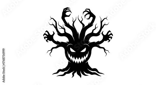 Sinister Silhouette of a Spooky Halloween Tree with Clawed Branches and Evil Grin