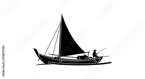 Silhouette of a traditional Balinese fishing boat with a fisherman casting his line at sea